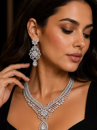 White Rhodium Finish Diamond Necklace Set