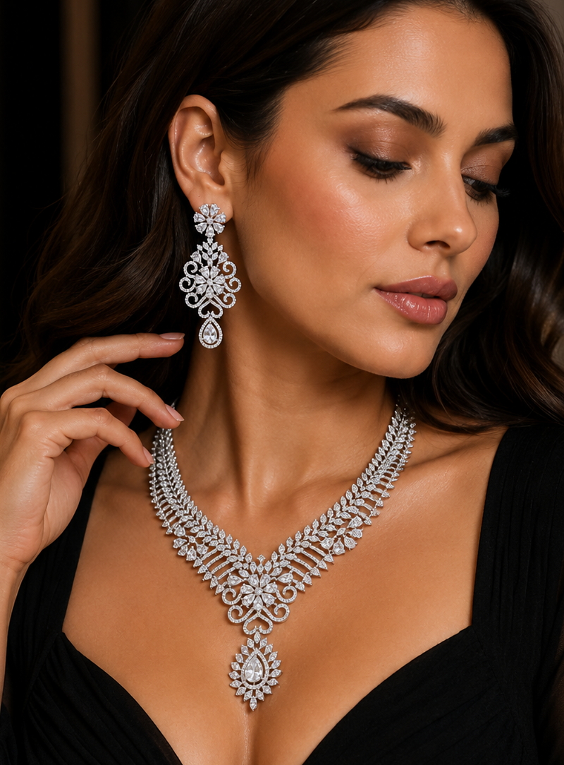 White Rhodium Finish Diamond Necklace Set