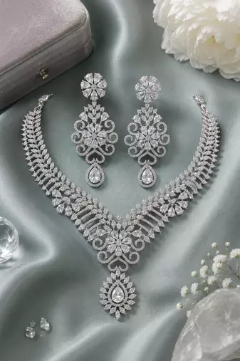 White Rhodium Finish Diamond Necklace Set