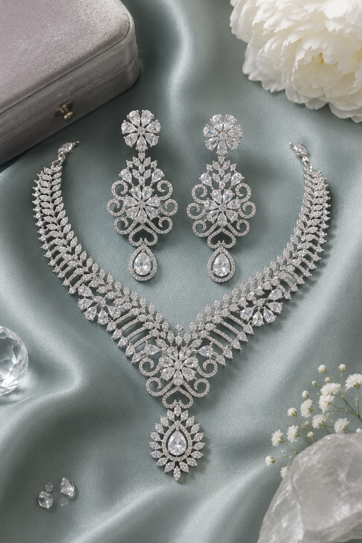 White Rhodium Finish Diamond Necklace Set