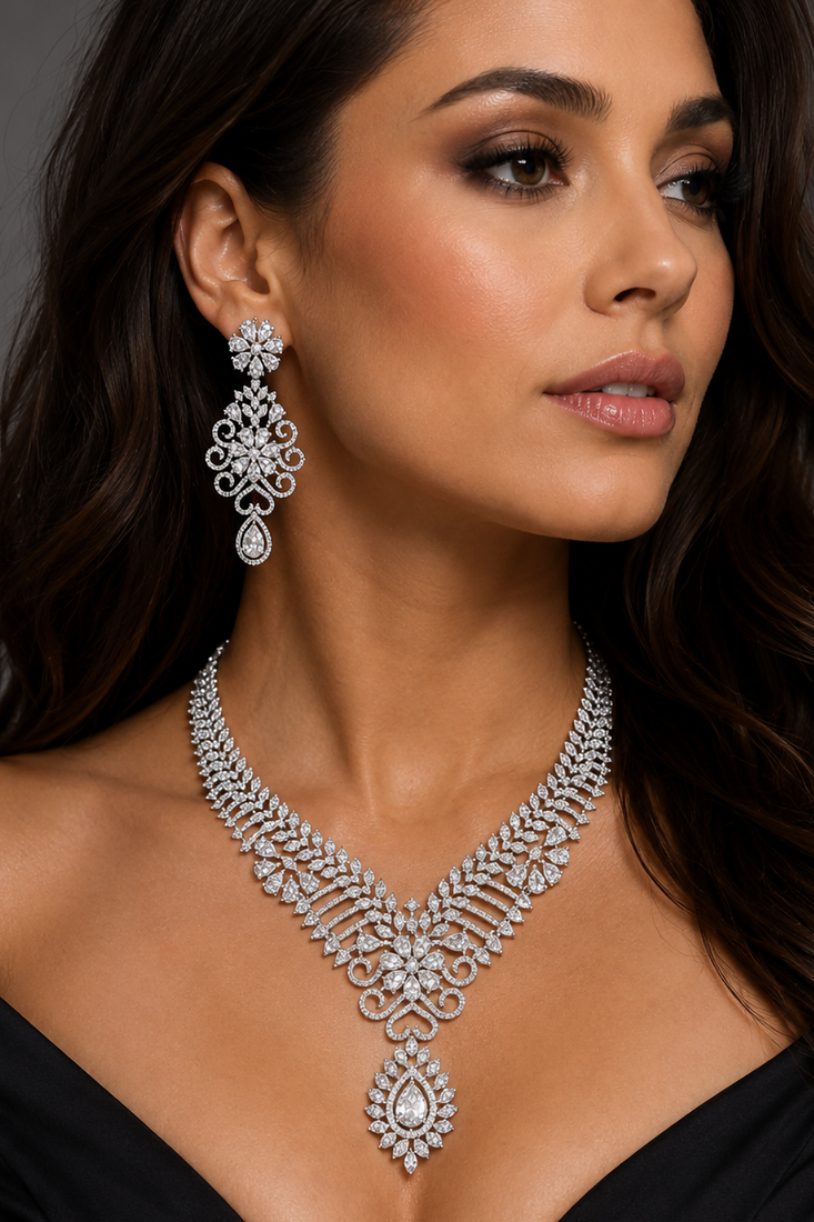 White Rhodium Finish Diamond Necklace Set