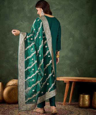 Floral embroidered viscose rayon round neck kurta trouser & dupatta set 2