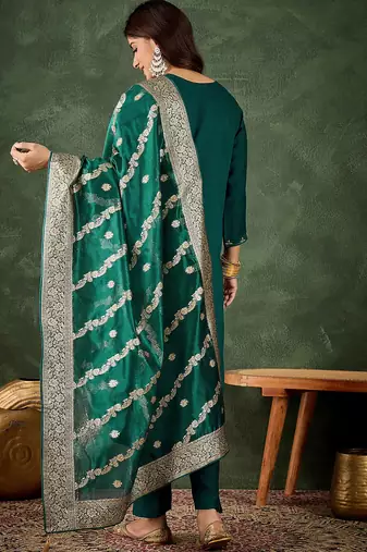 Floral embroidered viscose rayon round neck kurta trouser & dupatta set