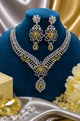 Rhodium Finish Electric Yellow Honey Diamond Necklace Set