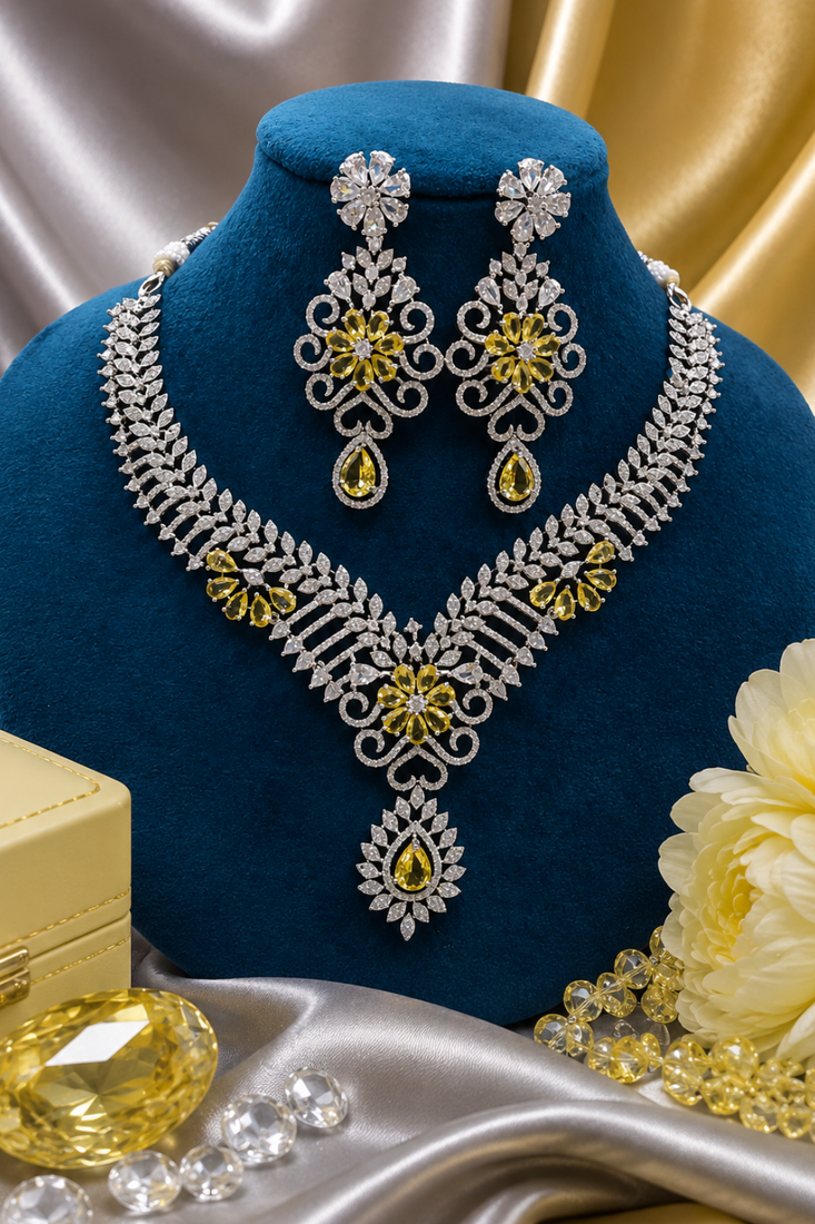 Rhodium Finish Electric Yellow Honey Diamond Necklace Set