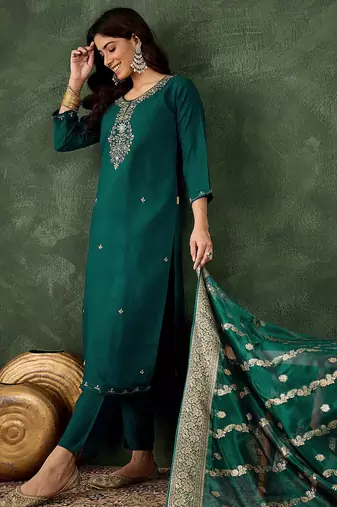 Floral embroidered viscose rayon round neck kurta trouser & dupatta set