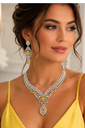 Rhodium Finish Electric Yellow Honey Diamond Necklace Set 3
