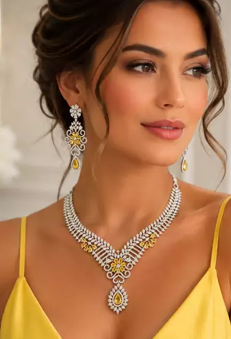 Rhodium Finish Electric Yellow Honey Diamond Necklace Set