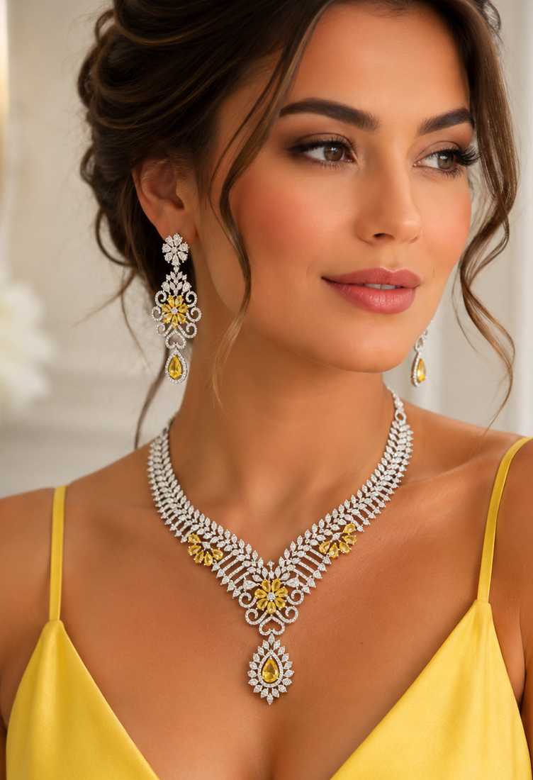 Rhodium Finish Electric Yellow Honey Diamond Necklace Set