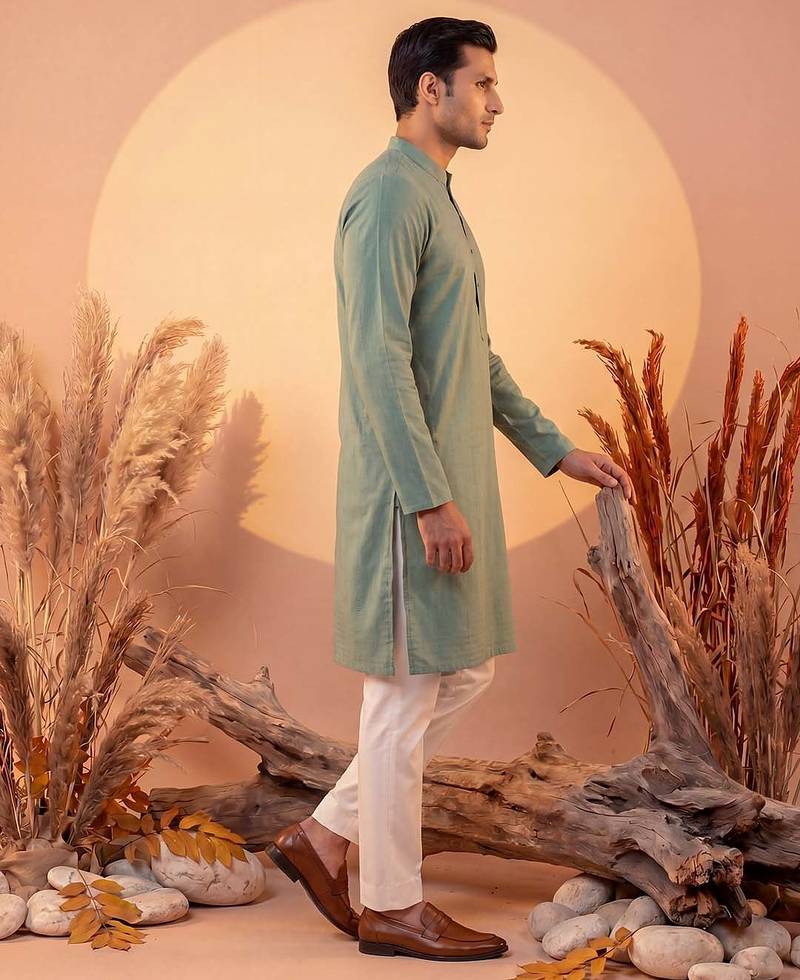 Mens green silk blend solid solid kurta