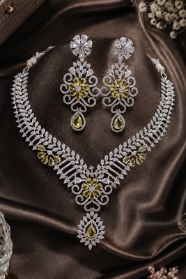 Rhodium Finish Electric Yellow Honey Diamond Necklace Set 4