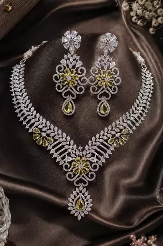 Rhodium Finish Electric Yellow Honey Diamond Necklace Set