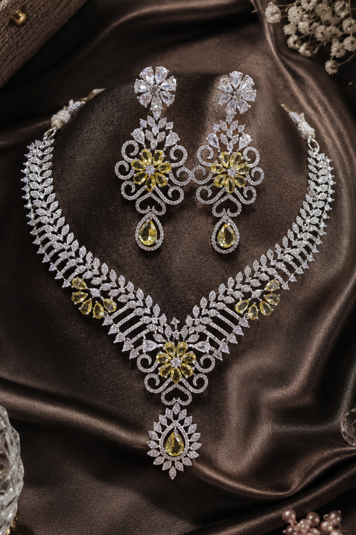 Rhodium Finish Electric Yellow Honey Diamond Necklace Set