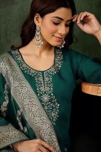 Floral embroidered viscose rayon round neck kurta trouser & dupatta set