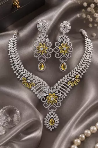 Rhodium Finish Electric Yellow Honey Diamond Necklace Set