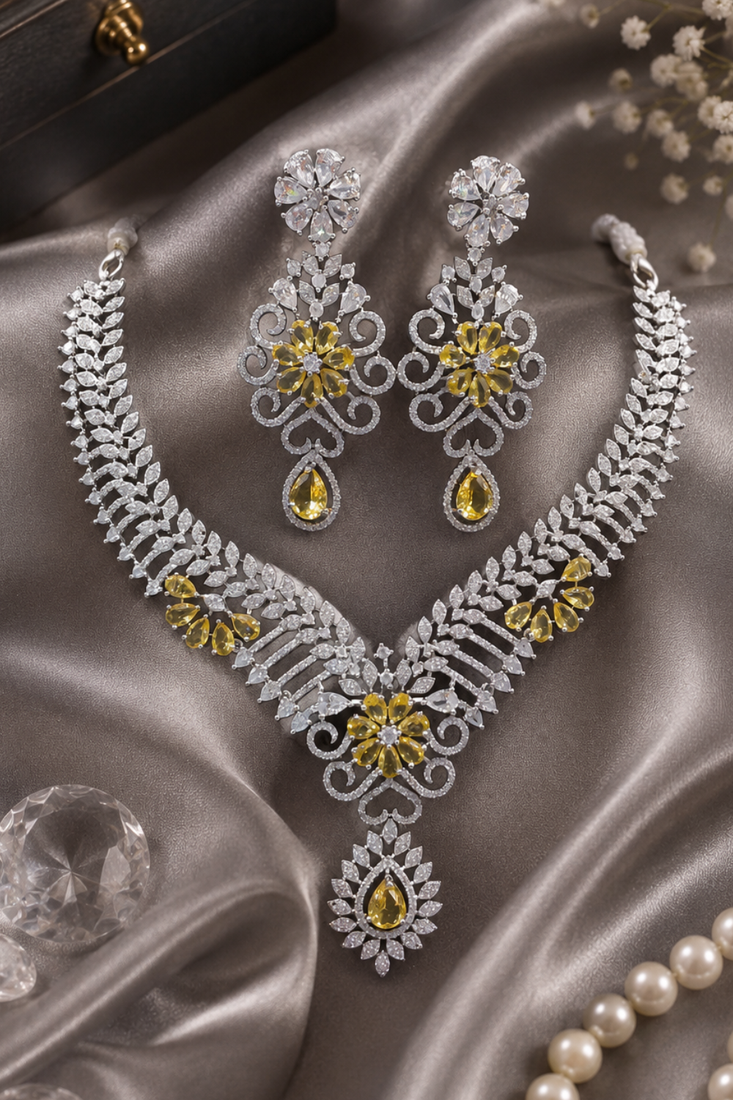 Rhodium Finish Electric Yellow Honey Diamond Necklace Set
