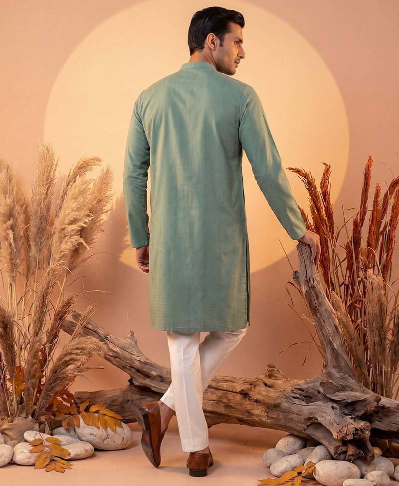 Mens green silk blend solid solid kurta