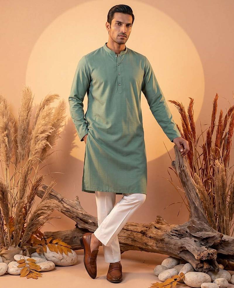 Mens green silk blend solid solid kurta