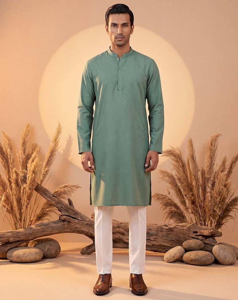 Mens green silk blend solid solid kurta