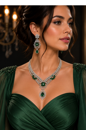 Rhodium finish bottle green diamond necklace set 1