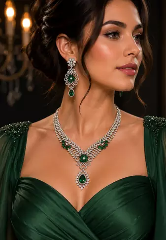Rhodium finish bottle green diamond necklace set