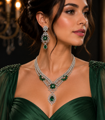 Rhodium finish bottle green diamond necklace set