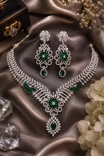 Rhodium finish bottle green diamond necklace set