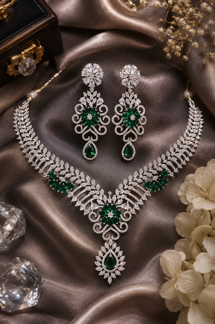 Rhodium finish bottle green diamond necklace set