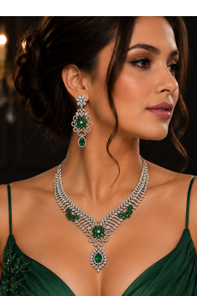 Rhodium finish bottle green diamond necklace set 3