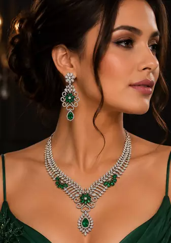 Rhodium finish bottle green diamond necklace set
