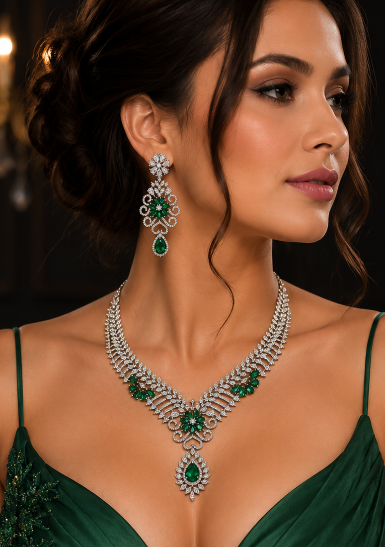Rhodium finish bottle green diamond necklace set