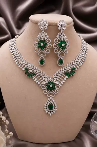 Rhodium finish bottle green diamond necklace set