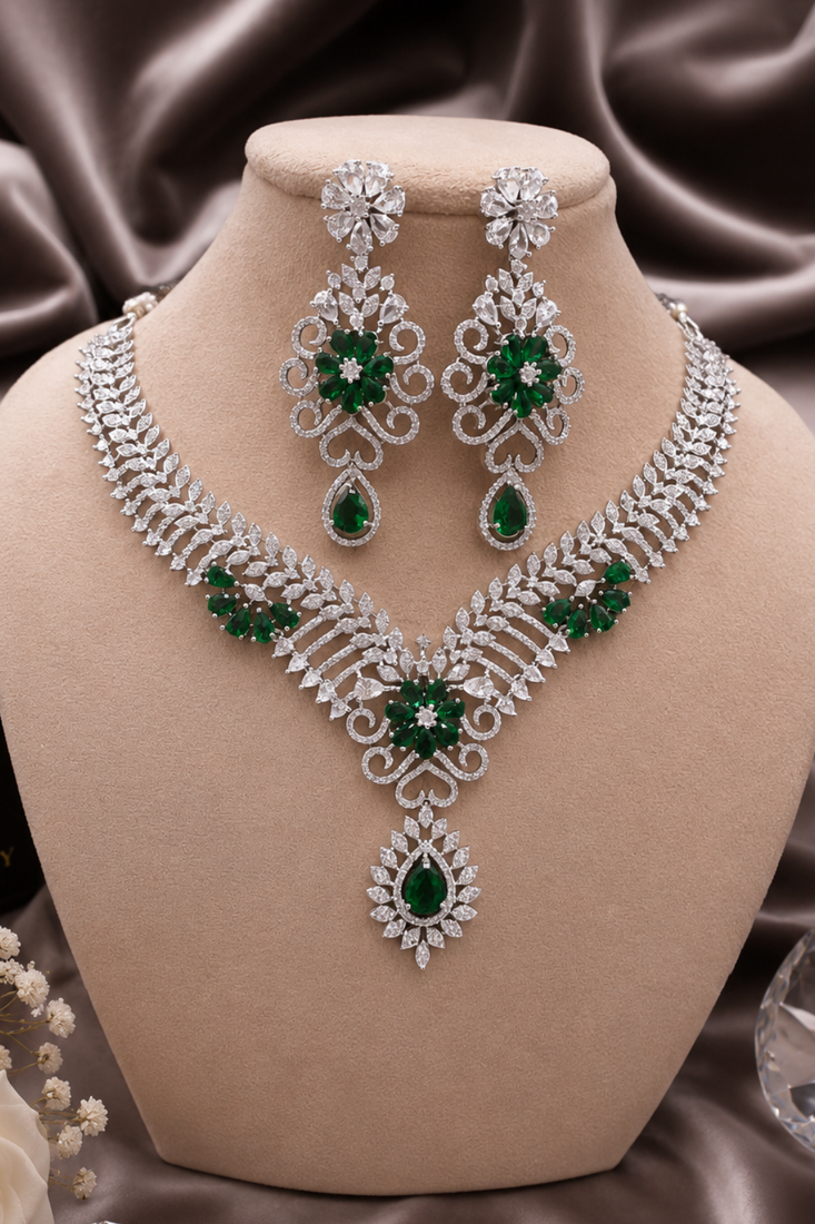 Rhodium finish bottle green diamond necklace set