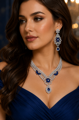Rhodium Finish Electric Royal Blue Diamond Necklace Set