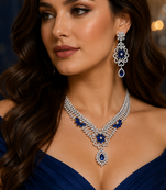 Rhodium Finish Electric Royal Blue Diamond Necklace Set