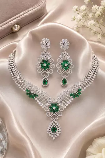 Rhodium finish bottle green diamond necklace set