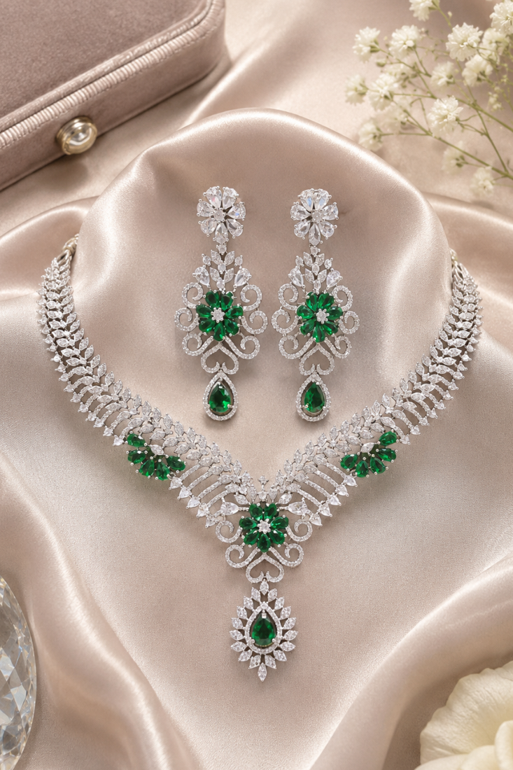 Rhodium finish bottle green diamond necklace set