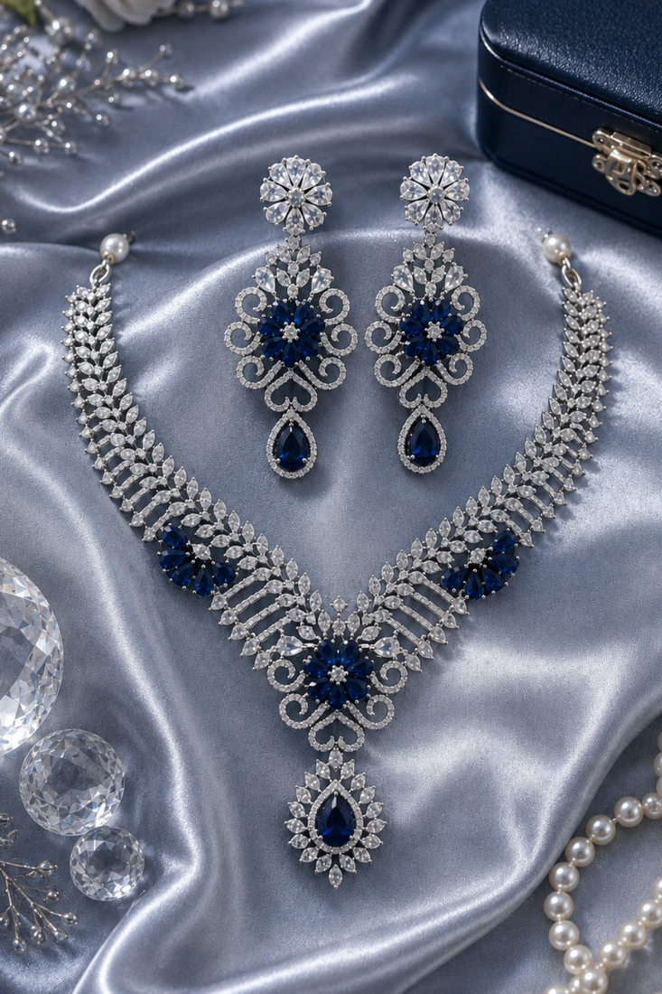 Rhodium Finish Electric Royal Blue Diamond Necklace Set
