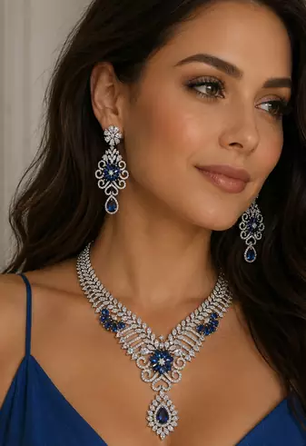 Rhodium Finish Electric Royal Blue Diamond Necklace Set