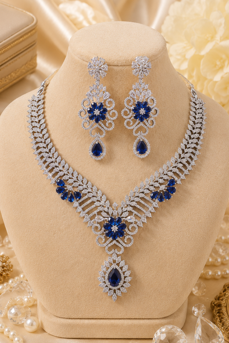 Rhodium Finish Electric Royal Blue Diamond Necklace Set