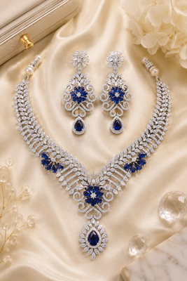 Rhodium Finish Electric Royal Blue Diamond Necklace Set 5