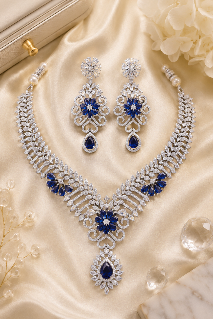 Rhodium Finish Electric Royal Blue Diamond Necklace Set