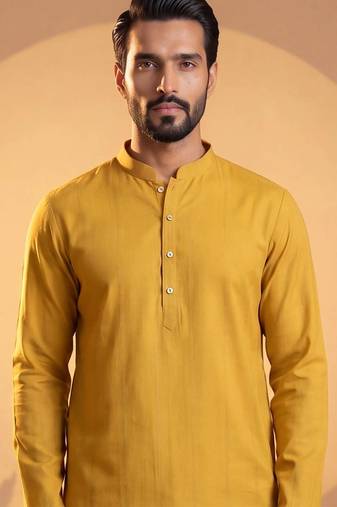 Mens yellow silk blend solid solid kurta