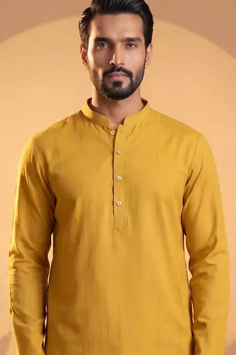 Mens yellow silk blend solid solid kurta
