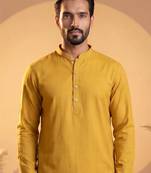 Mens yellow silk blend solid solid kurta