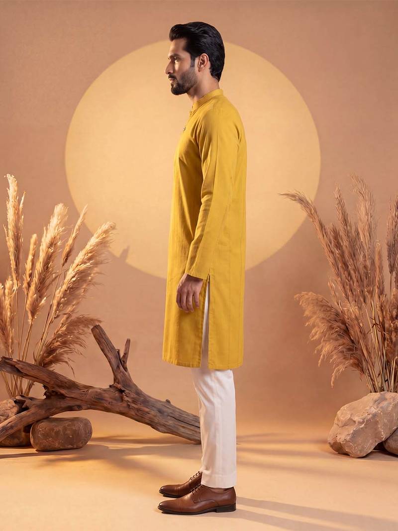 Mens yellow silk blend solid solid kurta