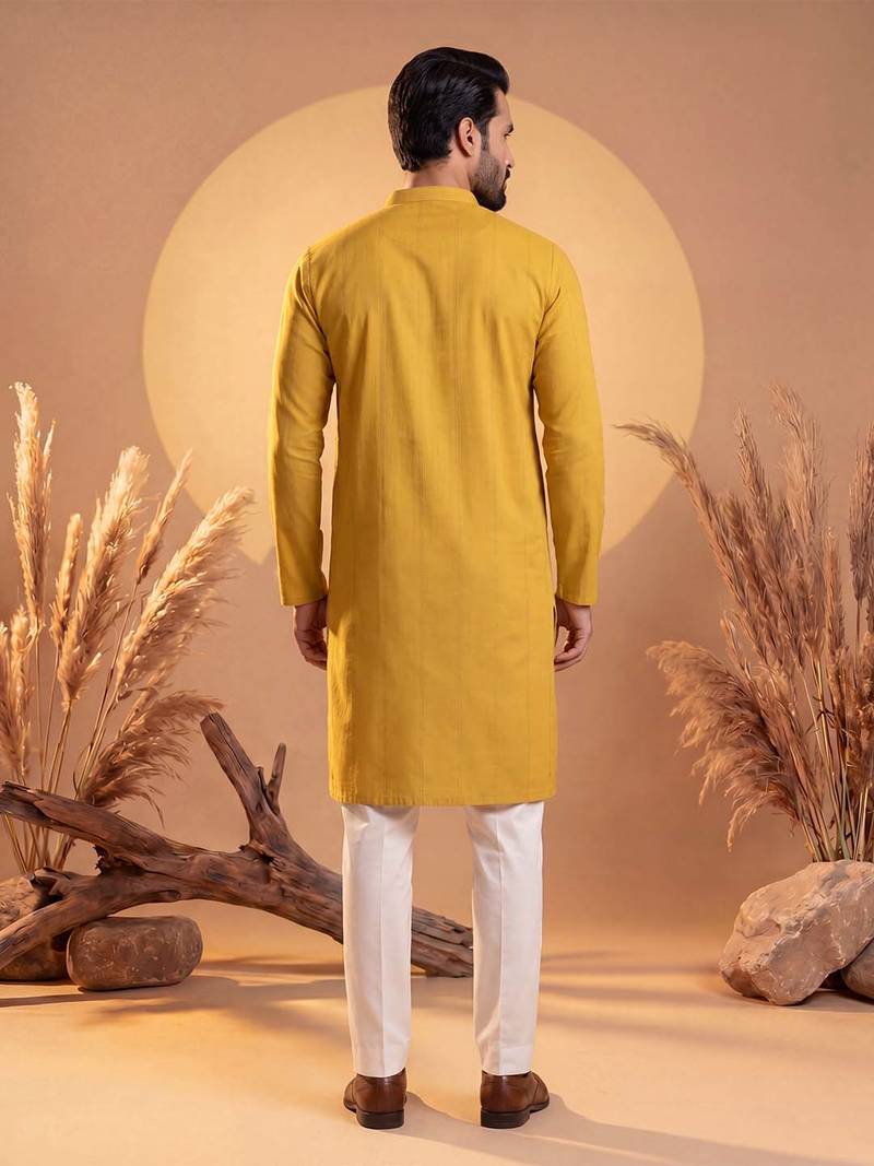 Mens yellow silk blend solid solid kurta