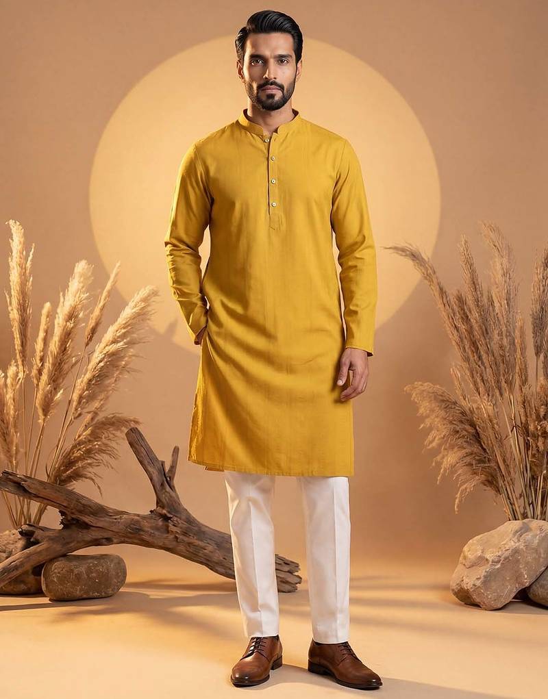 Mens yellow silk blend solid solid kurta