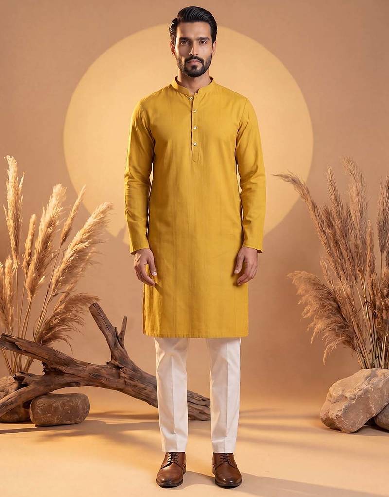 Mens yellow silk blend solid solid kurta
