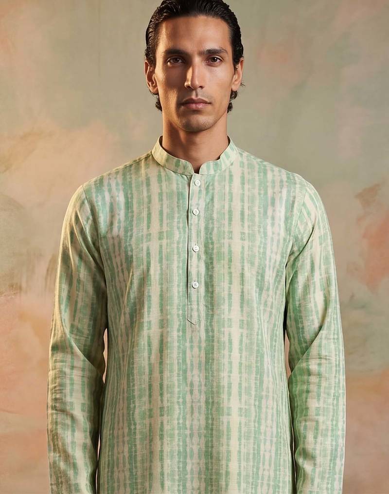 Mens multi silk blend abstract printed kurta